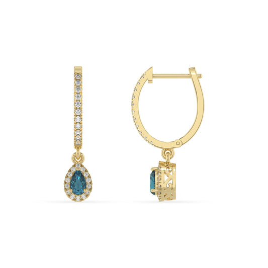 natural london blue topaz pear drop earrings in yellow gold 