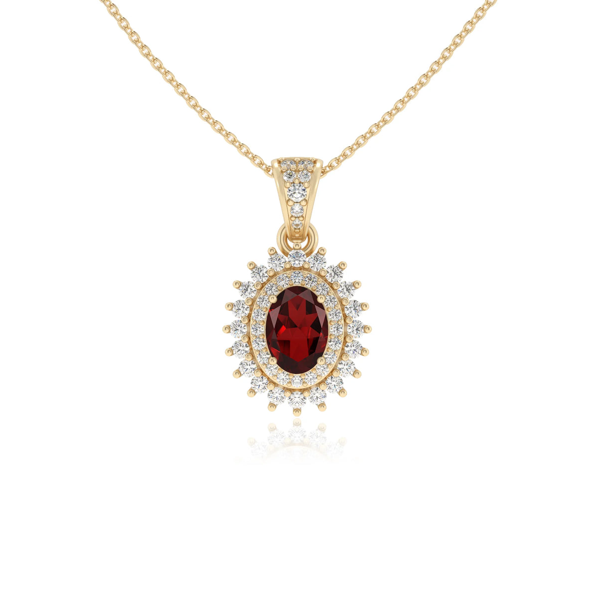 natural garnet oval halo necklaces in yellow gold 