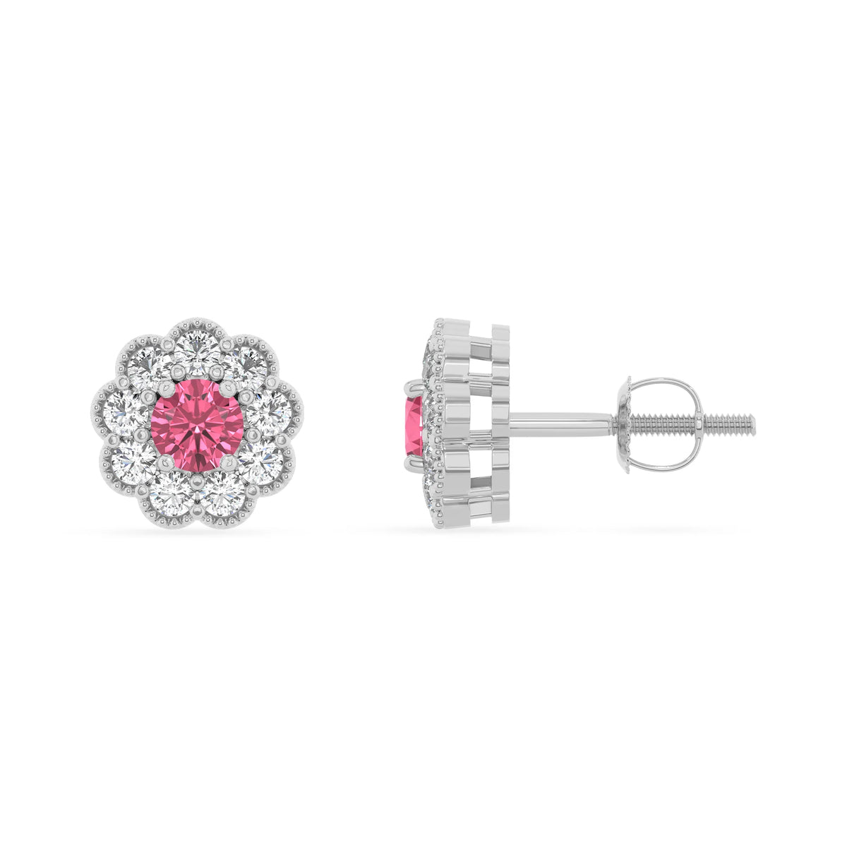 lab grown pink tourmaline round stud earrings in platinum 