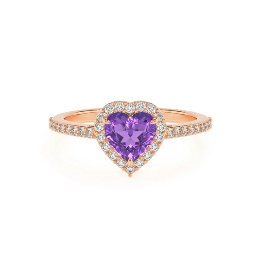 lab grown amethyst heart solitaire rings in rose gold 