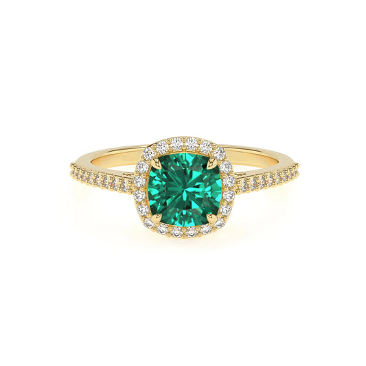 lab grown emerald cushion solitaire rings in yellow gold 