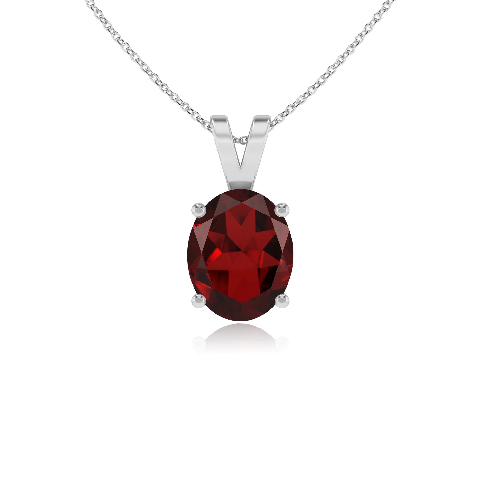 natural garnet oval solitaire v-bale necklaces in platinum 
