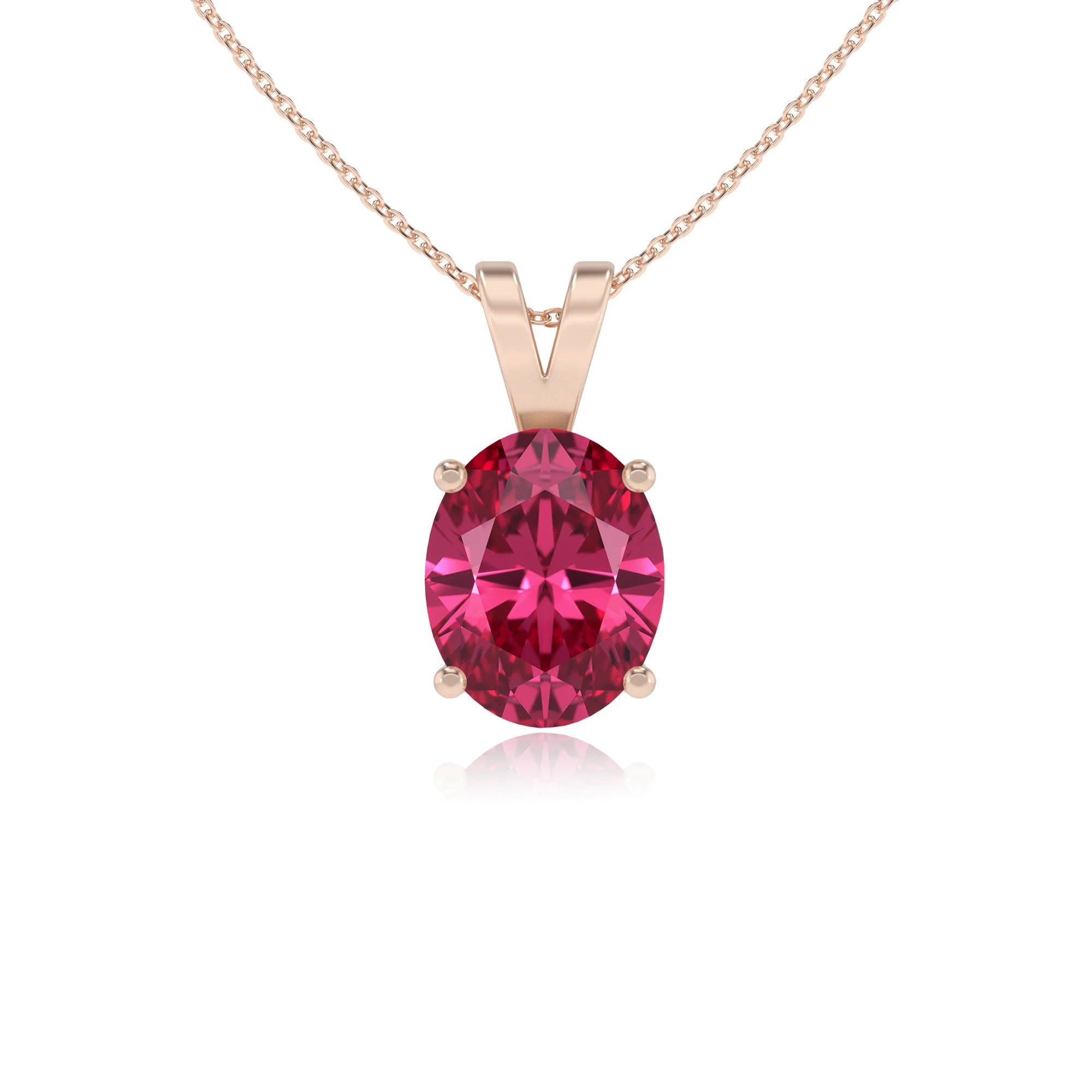 lab grown pink-tourmaline oval solitaire v-bale necklaces in rose gold 