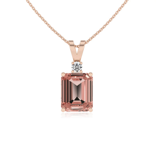 lab grown morganite emerald cut solitaire v-bale necklaces in rose gold 