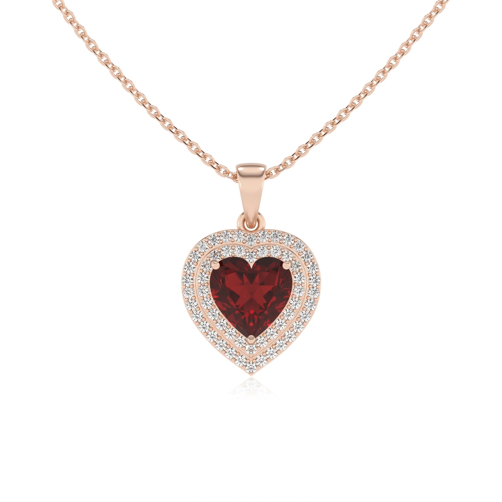natural garnet heart halo necklaces in rose gold 