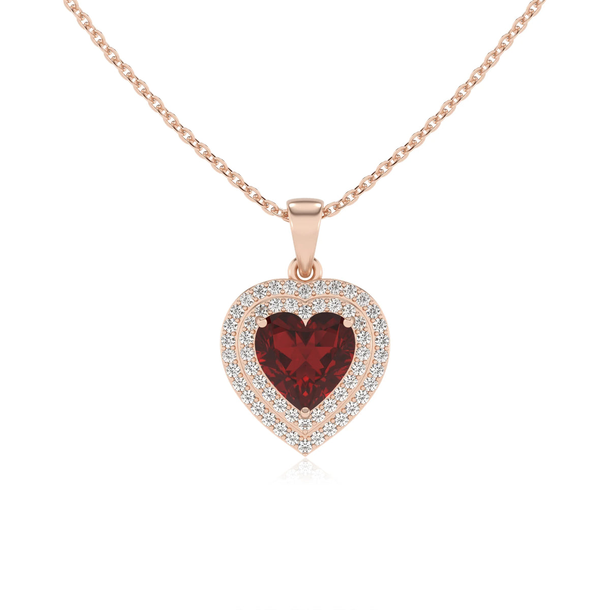 natural garnet heart halo necklaces in rose gold 