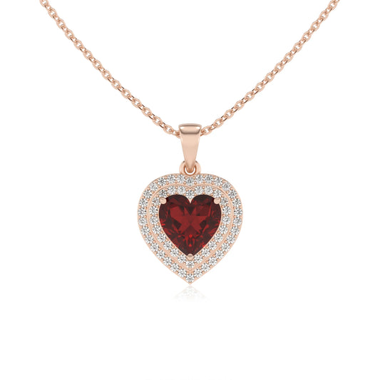 natural garnet heart halo necklaces in rose gold 