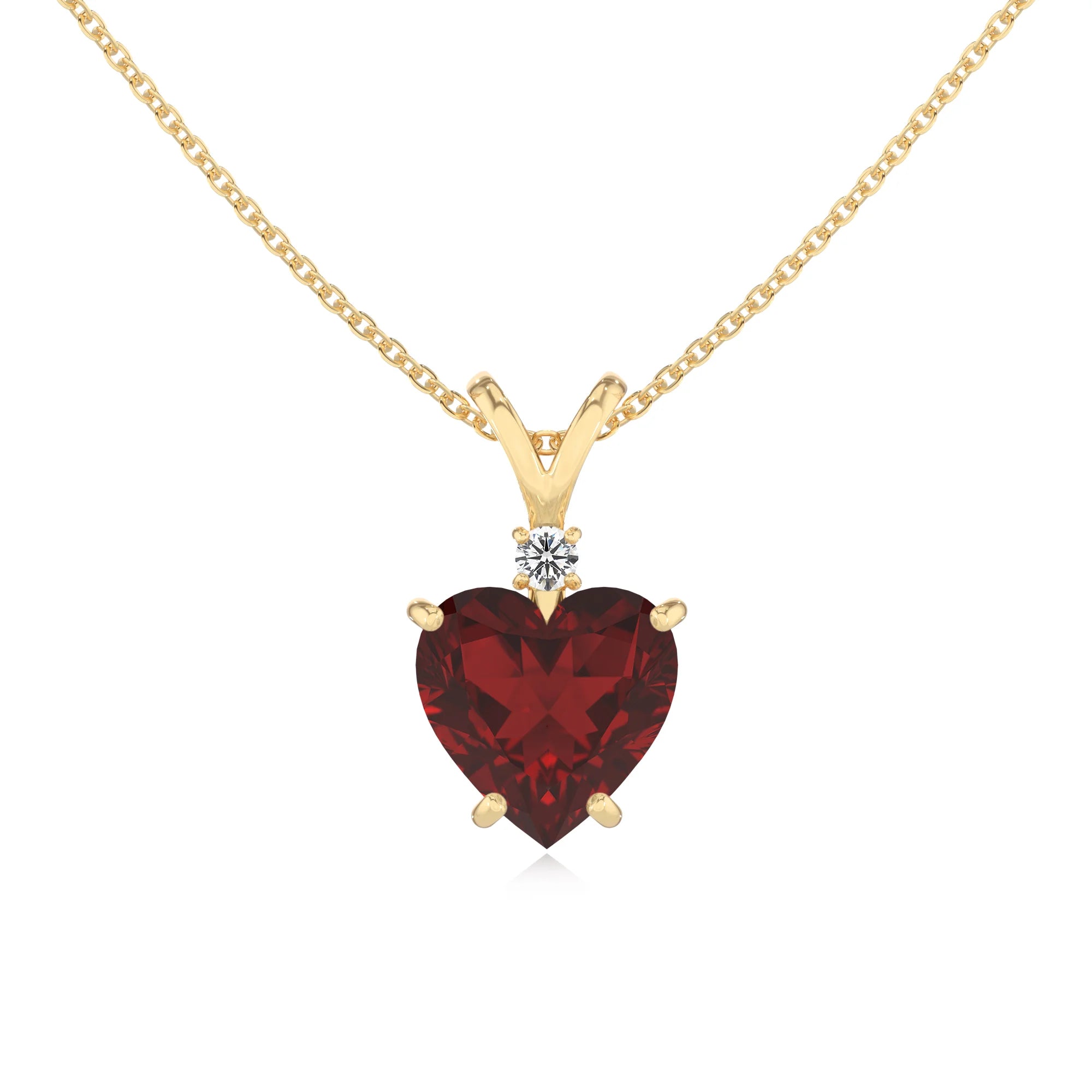 natural garnet heart solitaire v-bale necklaces in yellow gold 