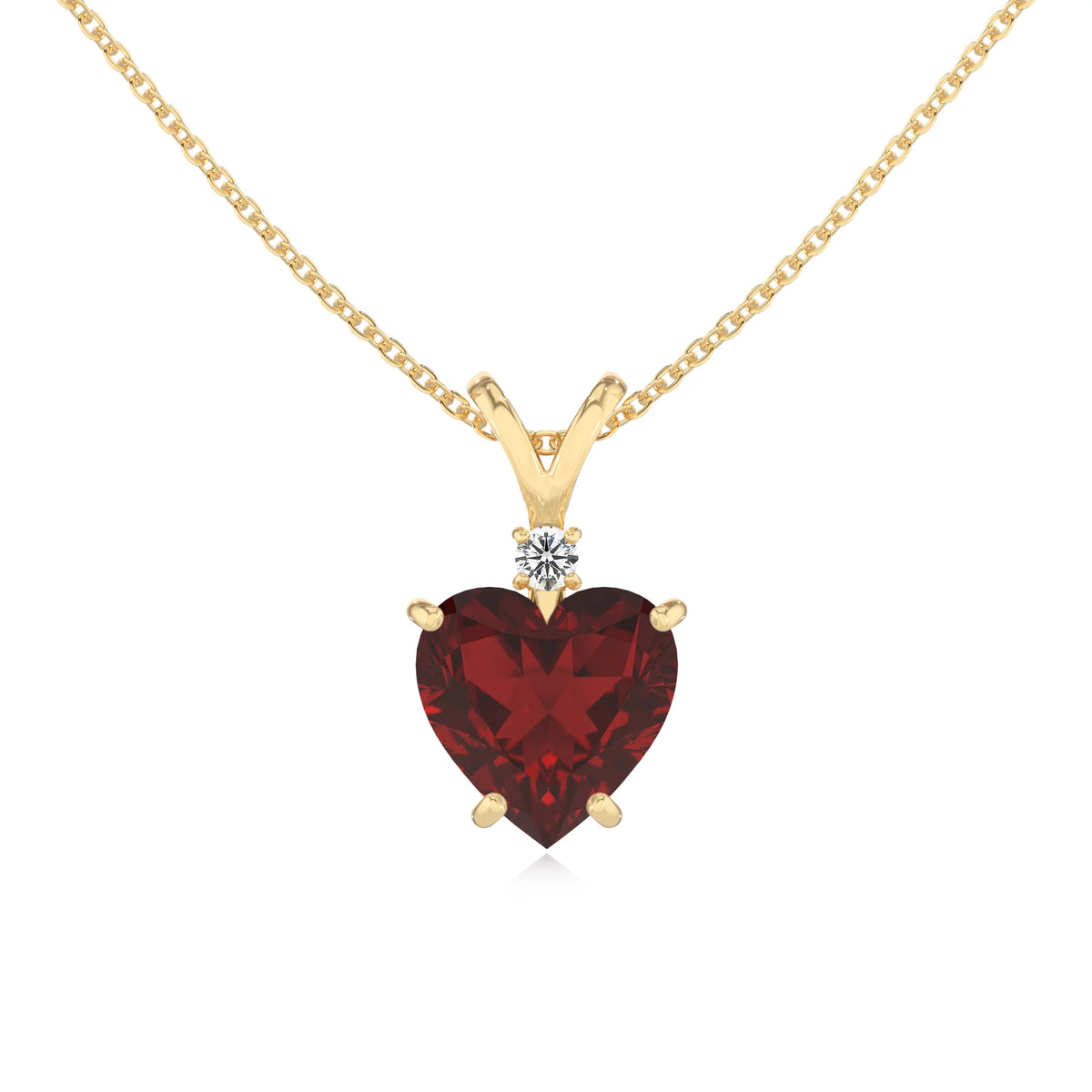 natural garnet heart solitaire v-bale necklaces in yellow gold 