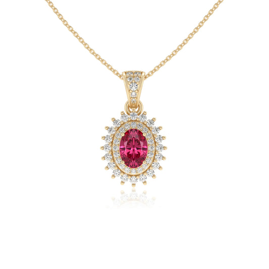 lab grown pink-tourmaline oval halo necklaces in yellow gold 