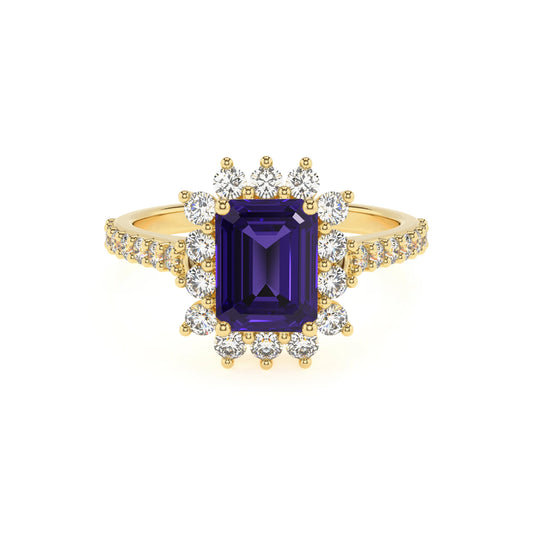 lab grown tanzanite emerald cut solitaire rings in yellow gold 