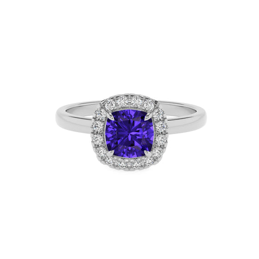 lab grown tanzanite cushion solitaire rings in platinum 