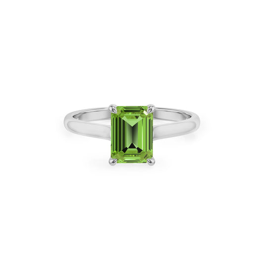 natural peridot emerald cut solitaire rings in platinum 
