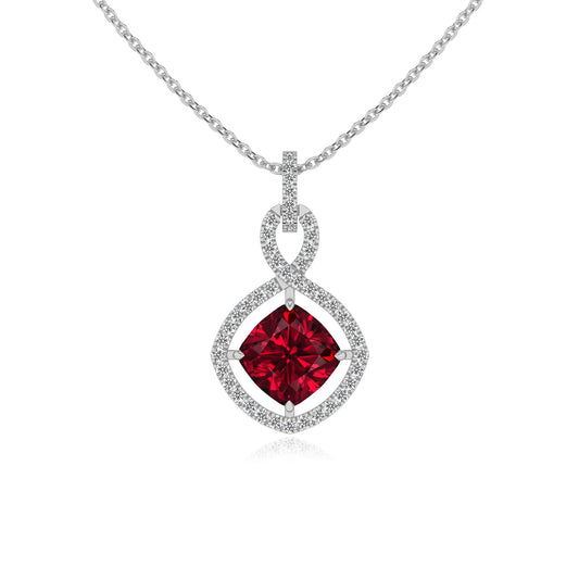 lab grown ruby cushion infinity necklaces in platinum 