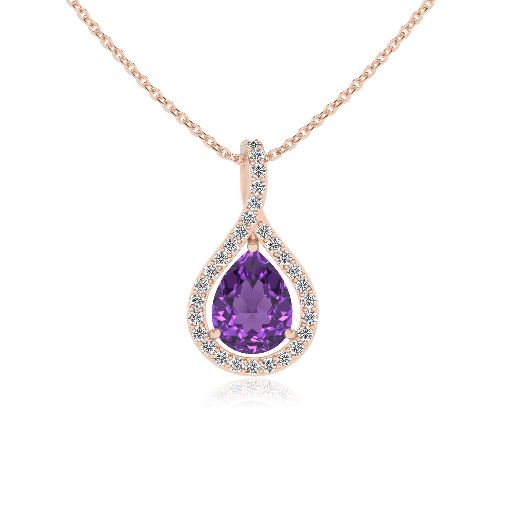 lab grown amethyst pear solitaire necklaces in rose gold 
