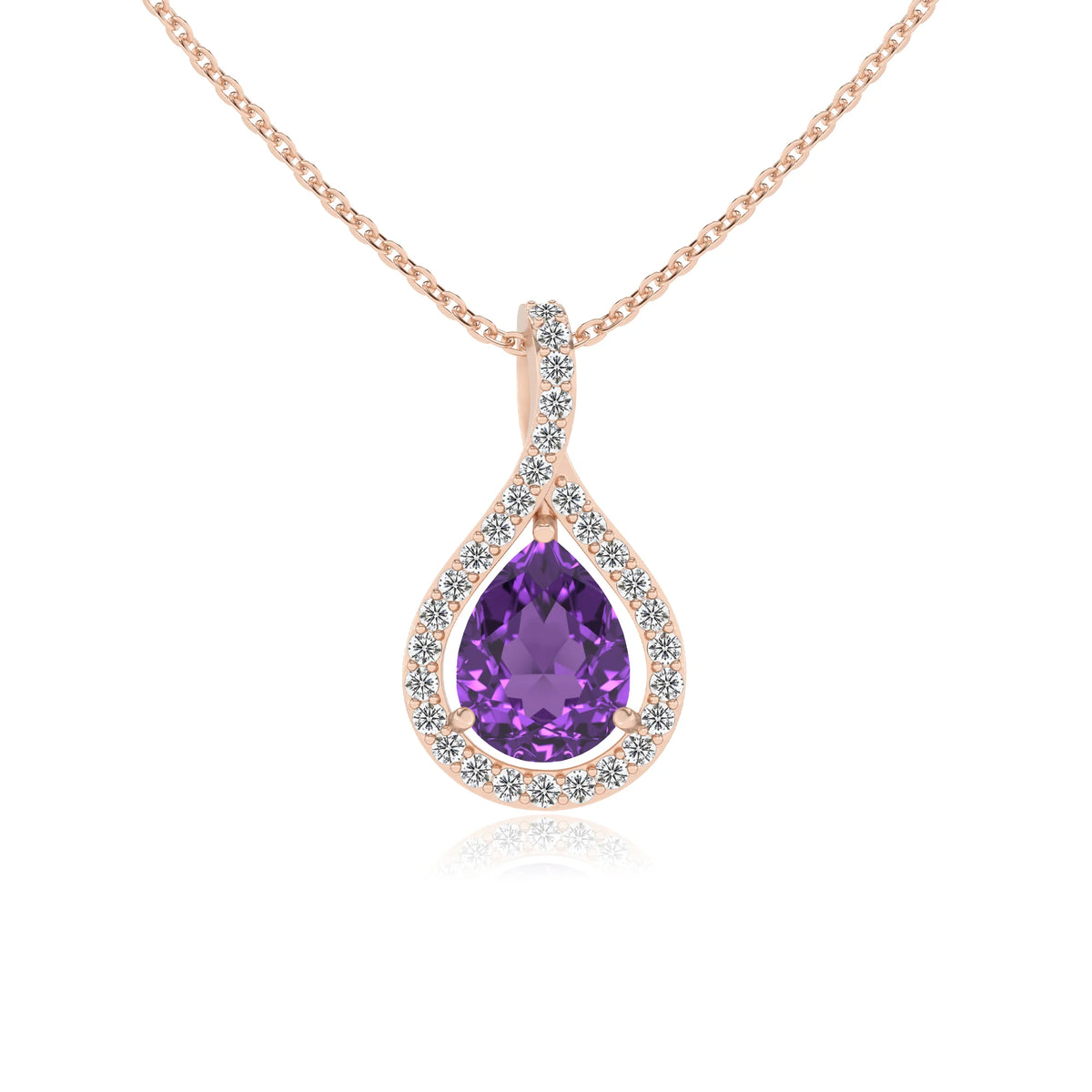 lab grown amethyst pear solitaire necklaces in rose gold 