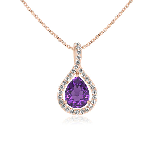lab grown amethyst pear solitaire necklaces in rose gold 