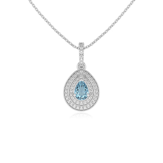 lab grown aquamarine pear halo necklaces in platinum 