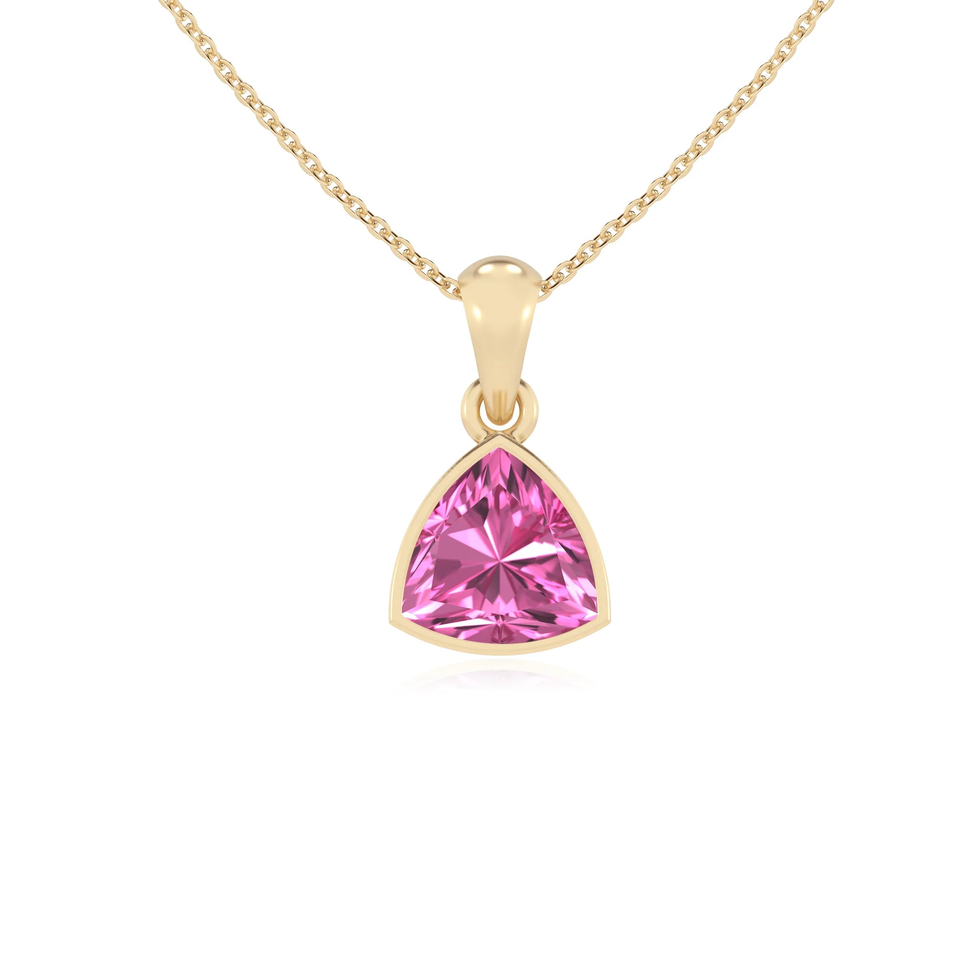 lab grown pink-sapphire trillion solitaire necklaces in yellow gold 