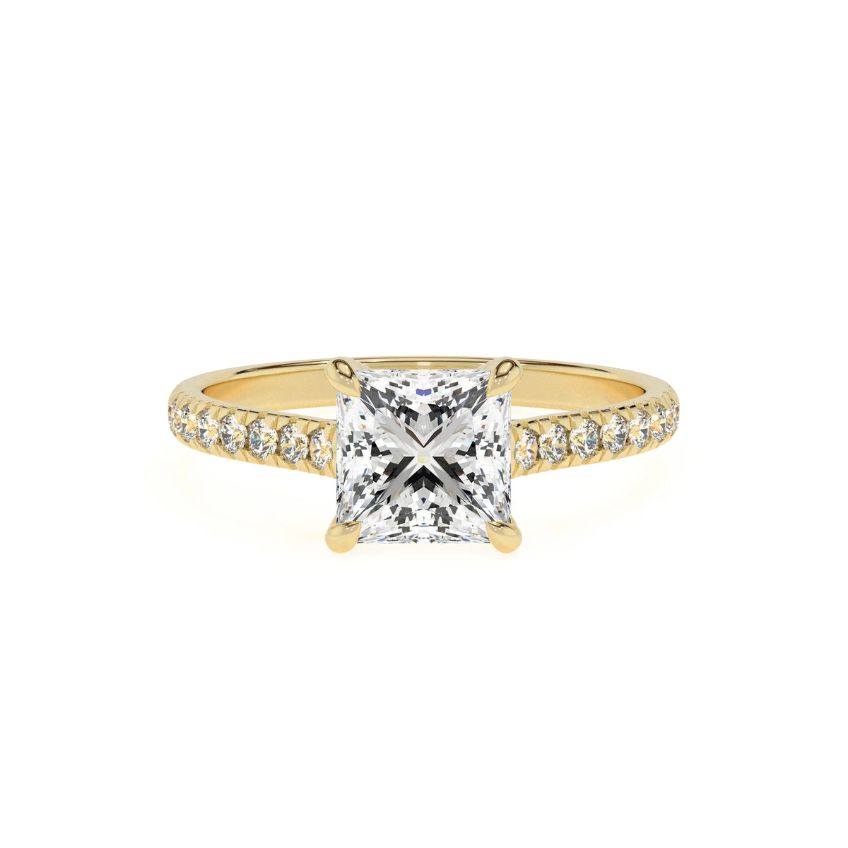 lab grown moissanite princess half eternity solitaire engagement rings in yellow gold 