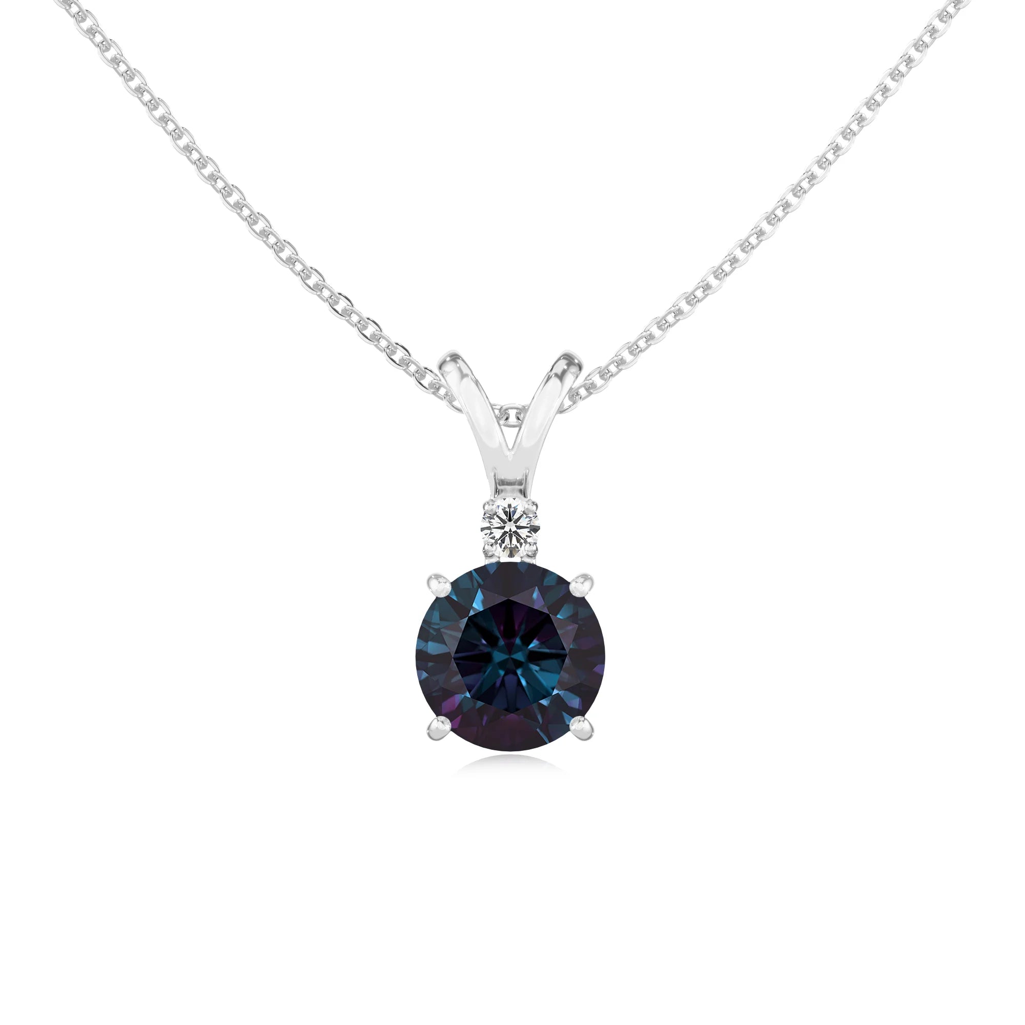 lab grown alexandrite round solitaire v-bale necklaces in sterling silver 
