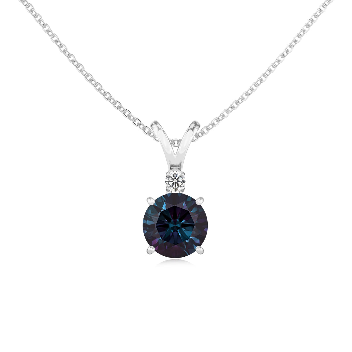 lab grown alexandrite round solitaire v-bale necklaces in sterling silver 