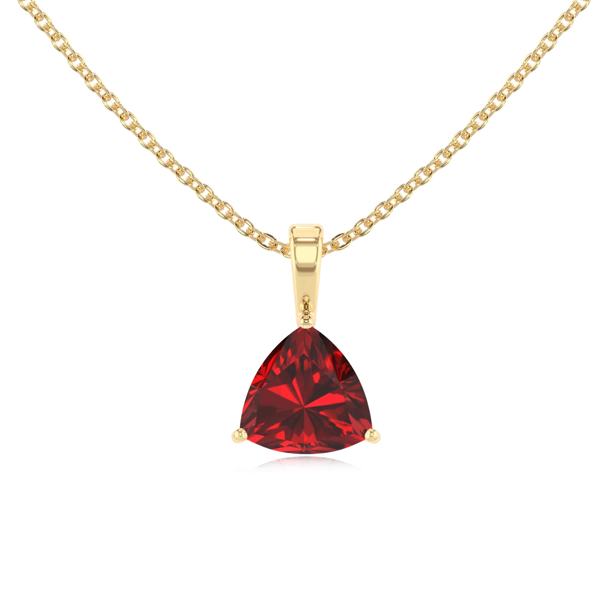 lab grown ruby trillion solitaire necklaces in yellow gold 