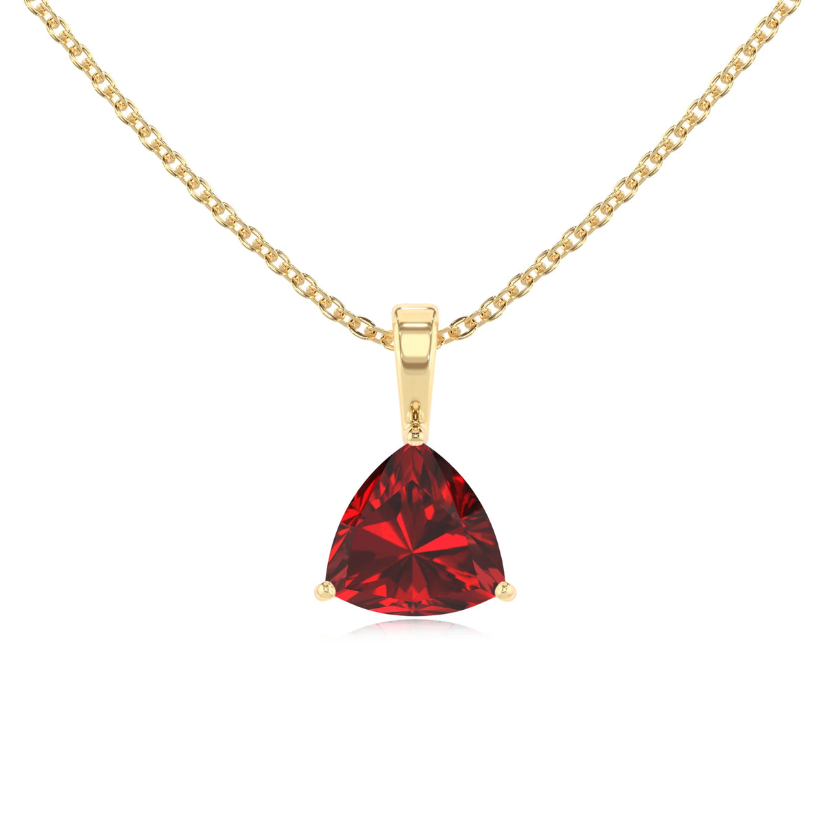 lab grown ruby trillion solitaire necklaces in yellow gold 
