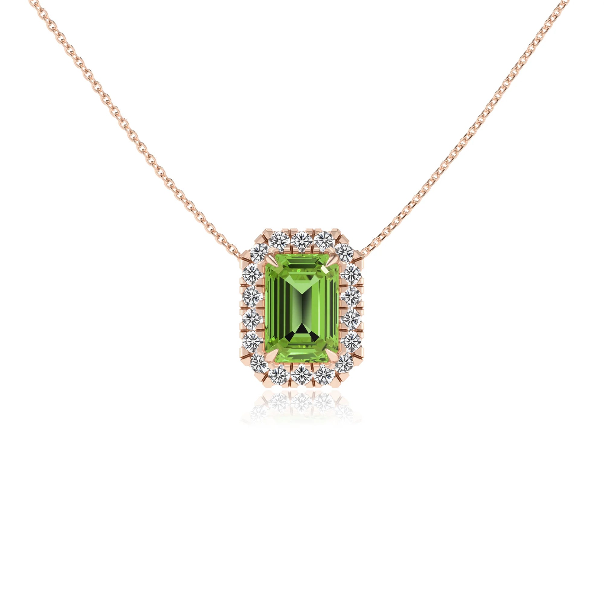 natural peridot emerald cut solitaire necklaces in rose gold 