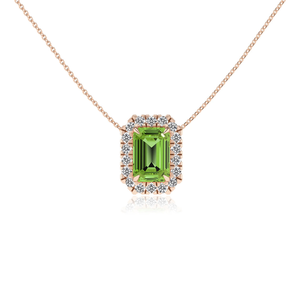natural peridot emerald cut solitaire necklaces in rose gold 