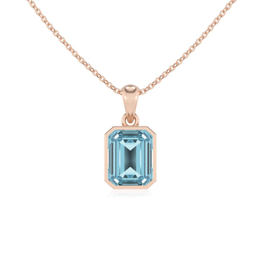 lab grown aquamarine emerald cut solitaire necklaces in rose gold 