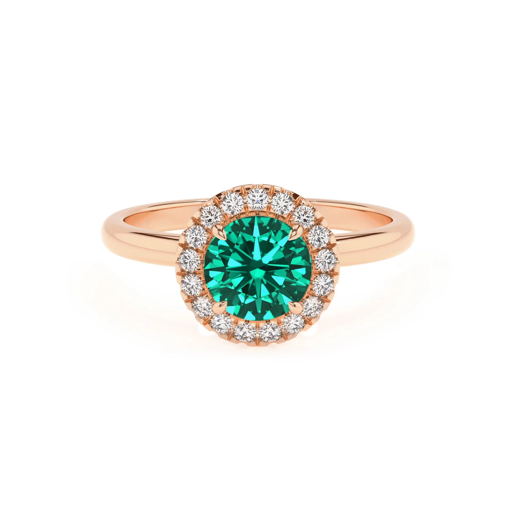 lab grown emerald round solitaire rings in rose gold 