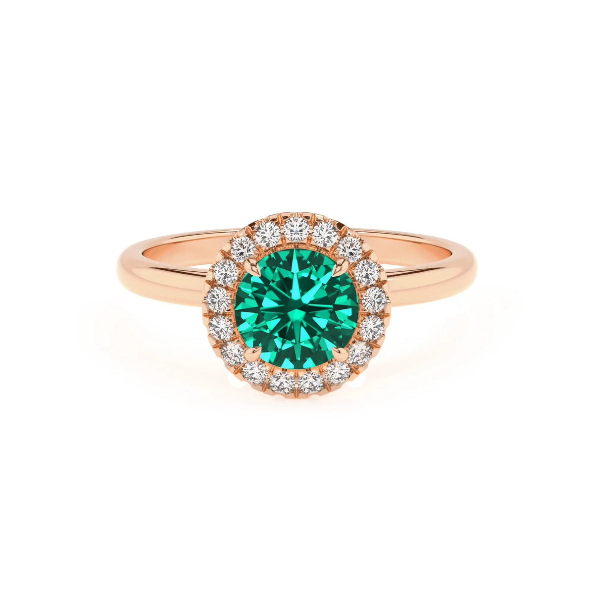lab grown emerald round solitaire rings in rose gold 