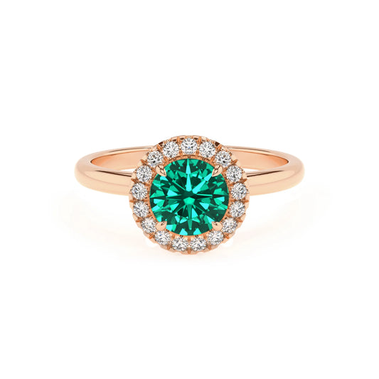 lab grown emerald round solitaire rings in rose gold 