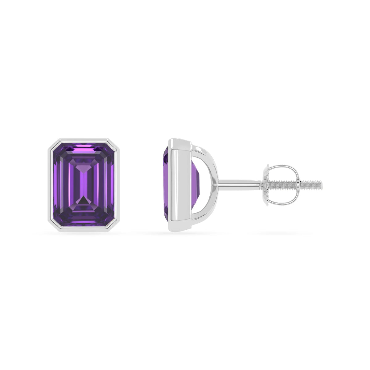 Lab Grown Amethyst Emerald-Cut Solitaire Stud Earrings