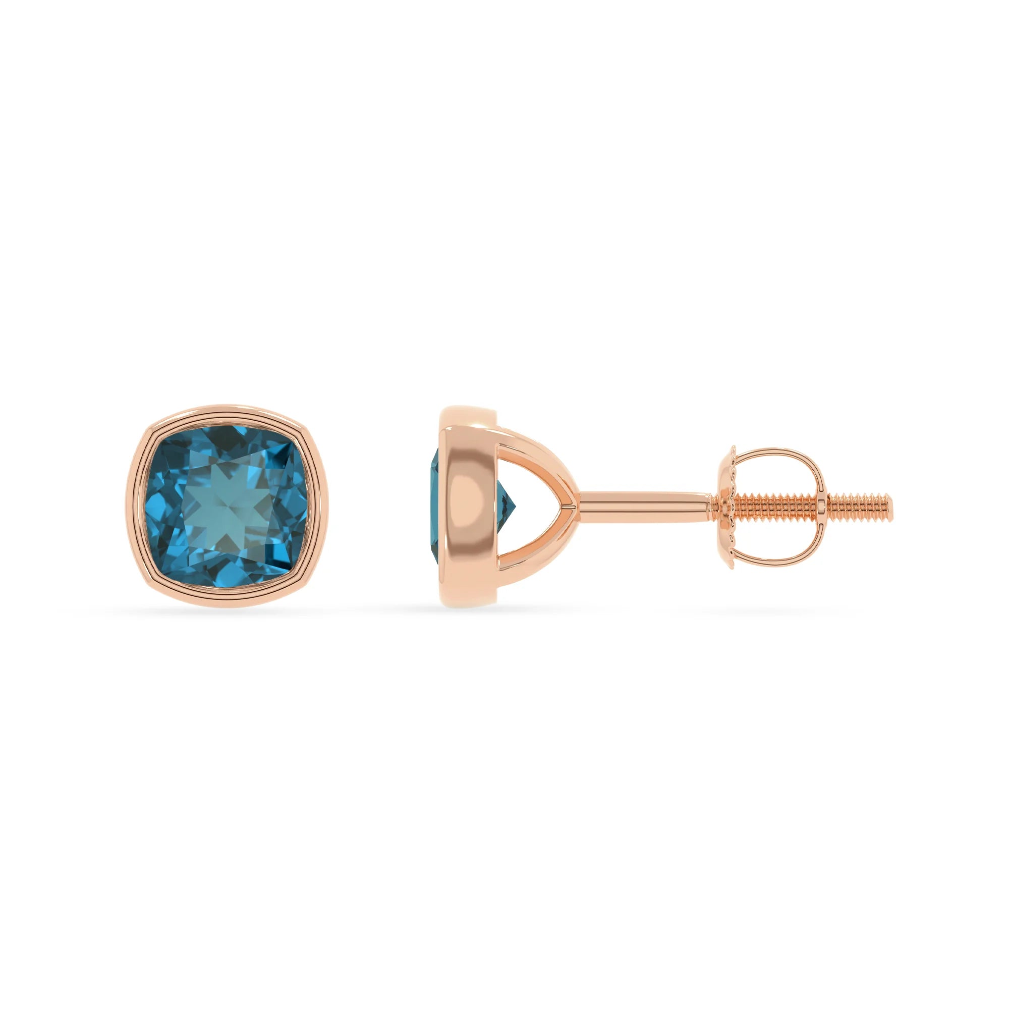 natural london blue topaz cushion stud earrings in rose gold 