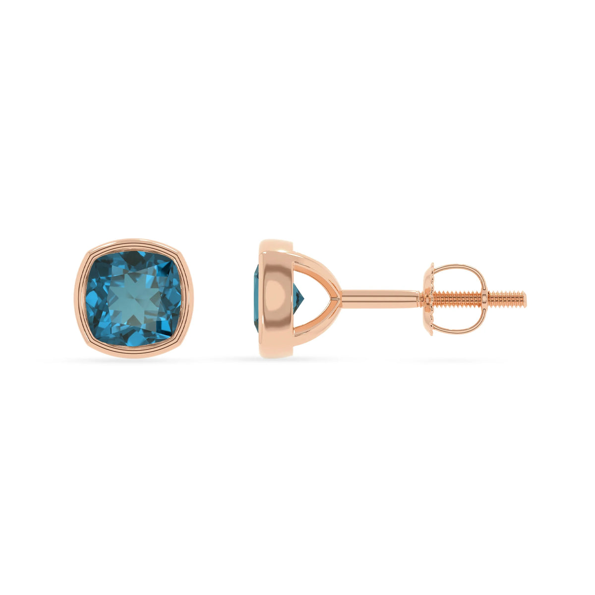natural london blue topaz cushion stud earrings in rose gold 
