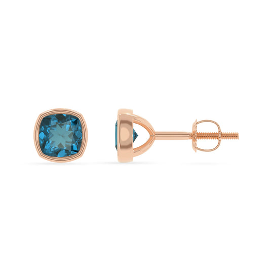 natural london blue topaz cushion stud earrings in rose gold 