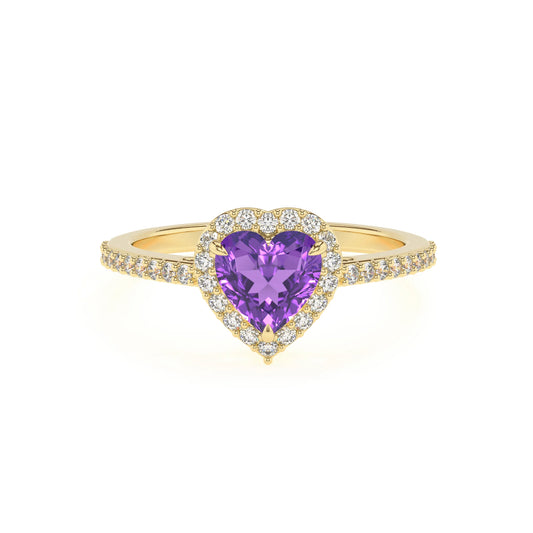 lab grown amethyst heart solitaire rings in yellow gold 