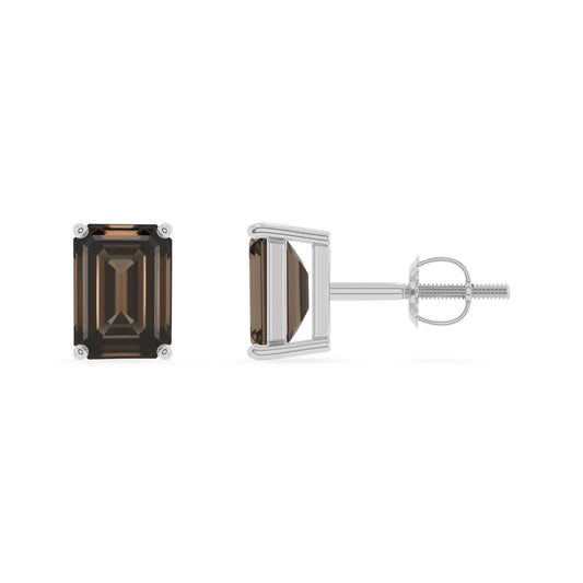 natural smoky quartz emerald cut stud earrings in white gold 