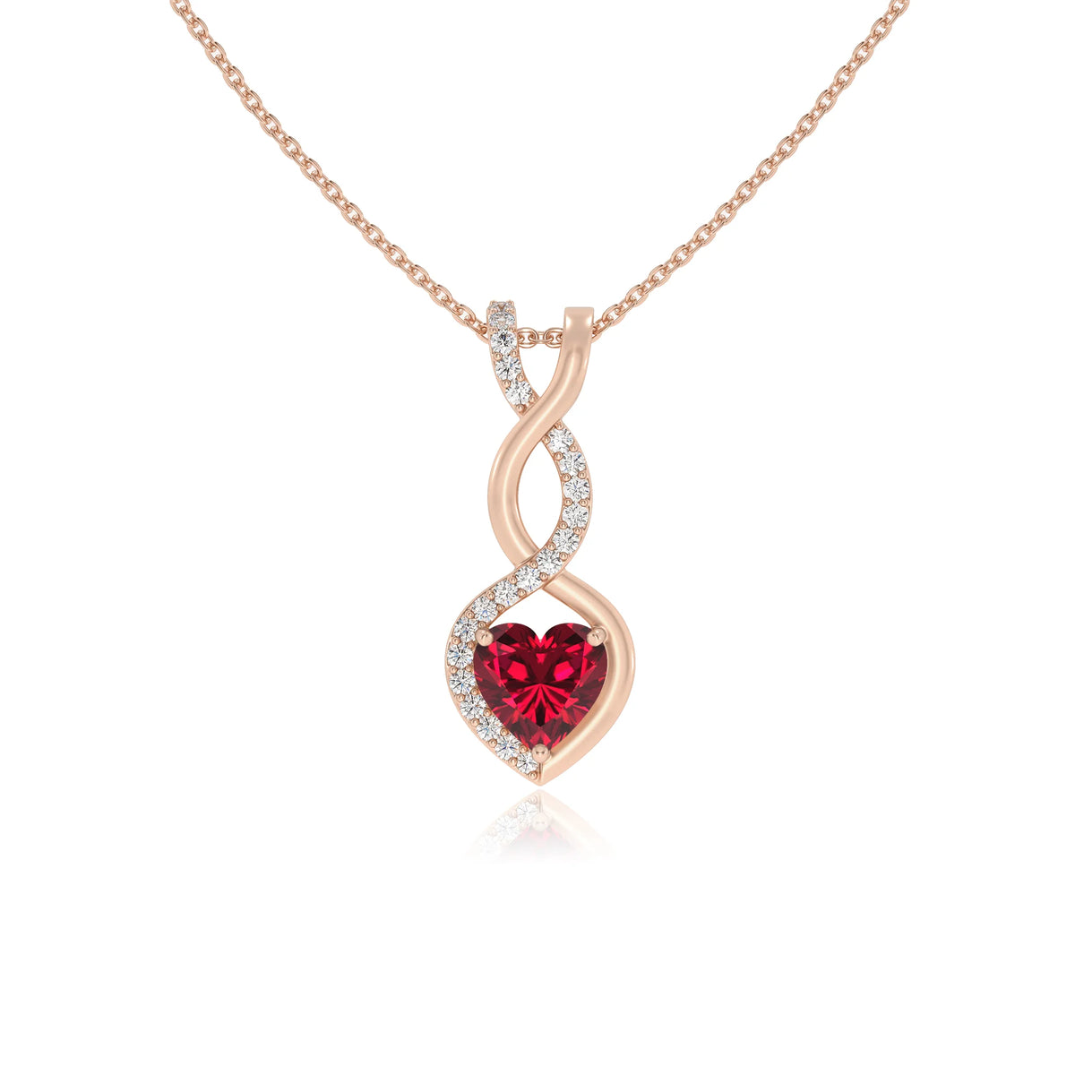 lab grown ruby heart infinity necklaces in rose gold 