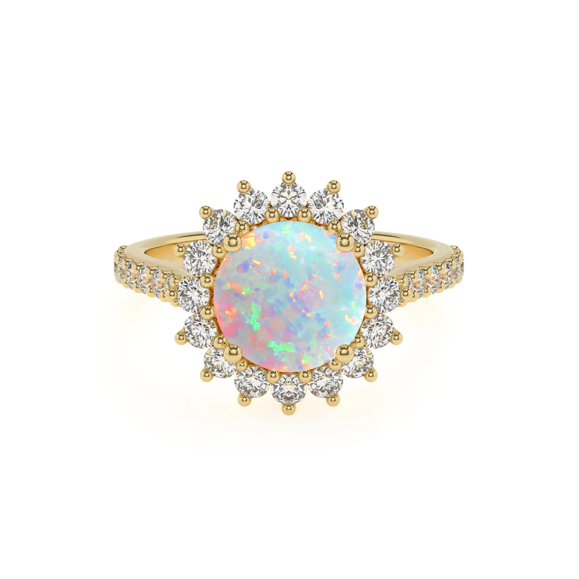 lab grown opal round solitaire rings in yellow gold 