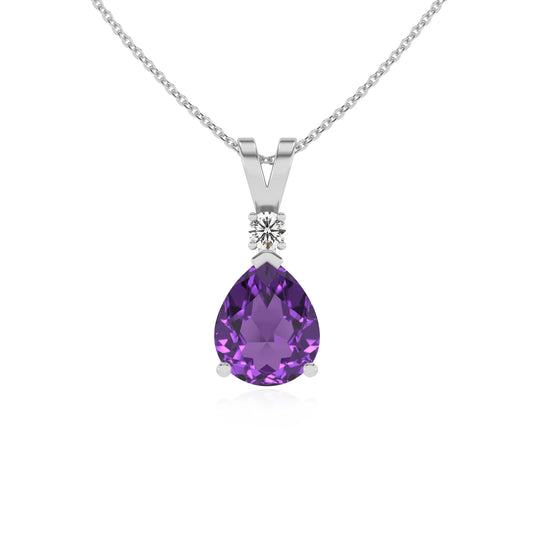 lab grown amethyst pear solitaire v-bale necklaces in white gold 