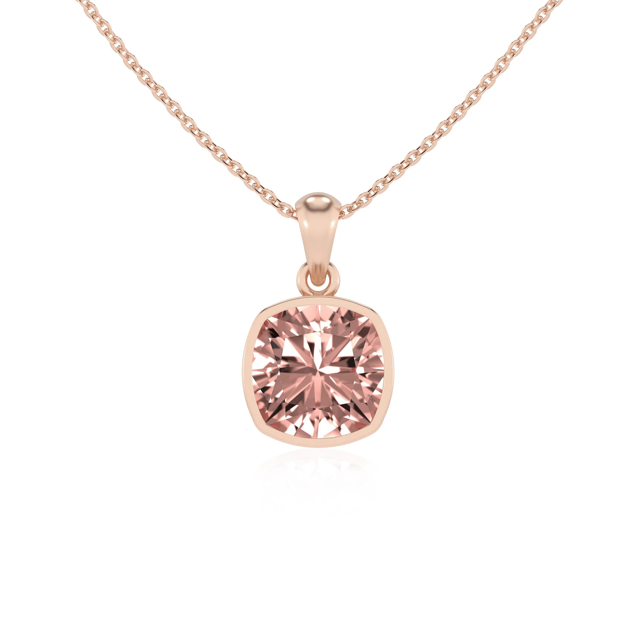 lab grown morganite cushion solitaire necklaces in rose gold 