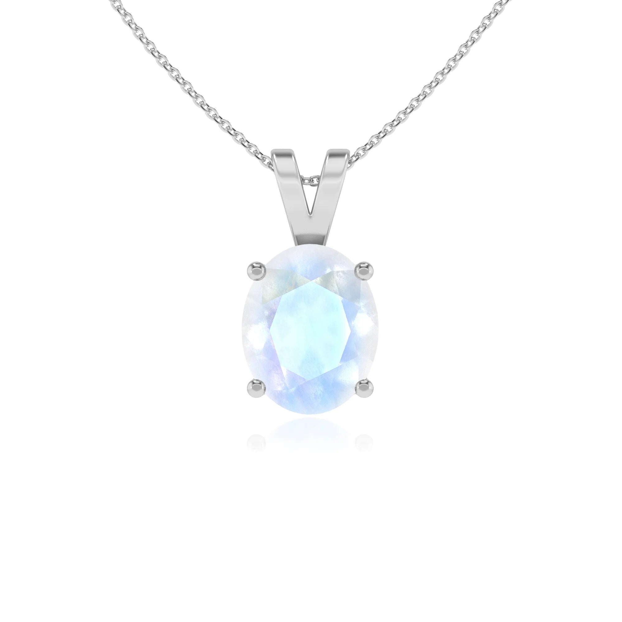 natural rainbow-moonstone oval solitaire v-bale necklaces in platinum 