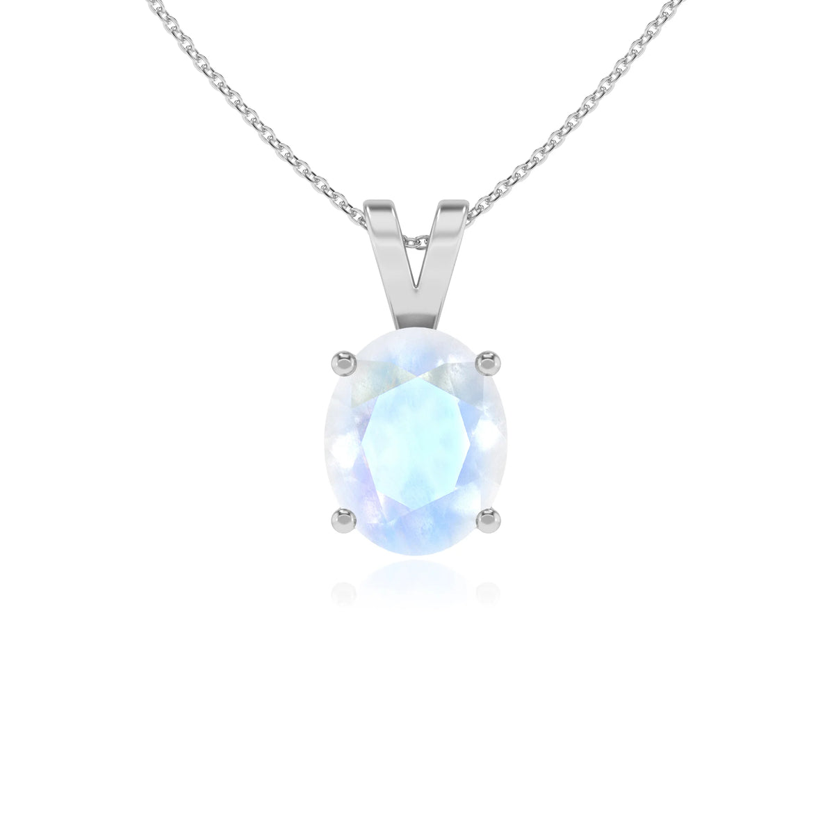 natural rainbow-moonstone oval solitaire v-bale necklaces in platinum 