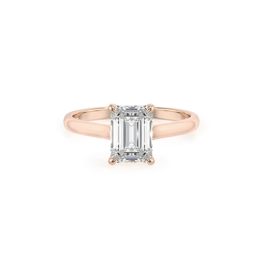 lab grown moissanite emerald cut solitaire rings in rose gold 