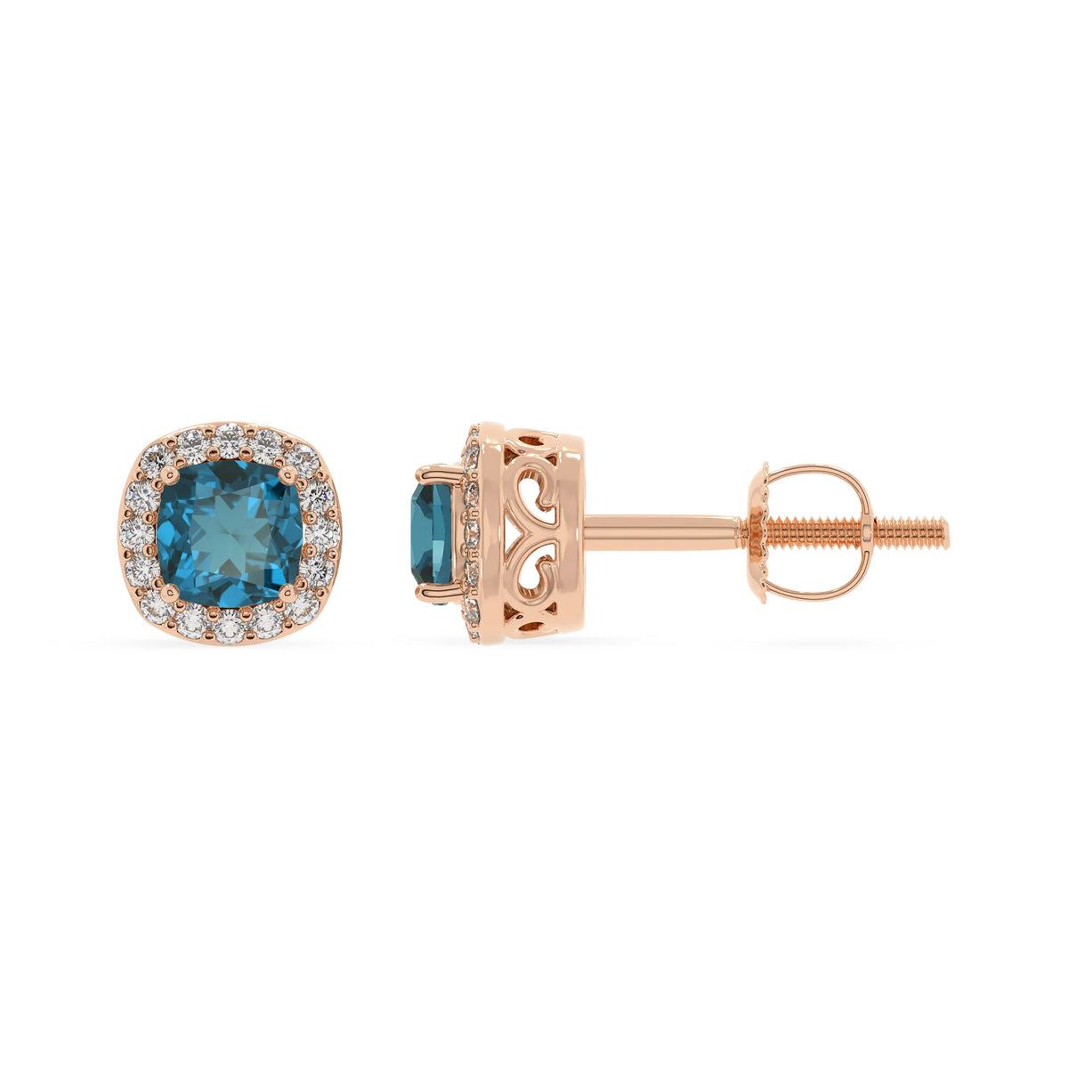 natural london blue topaz cushion stud earrings in rose gold 