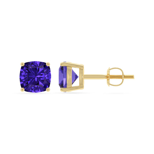lab grown tanzanite cushion stud earrings in yellow gold 
