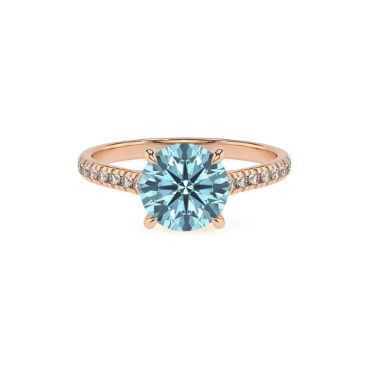 lab grown aquamarine round half eternity solitaire engagement rings in rose gold 